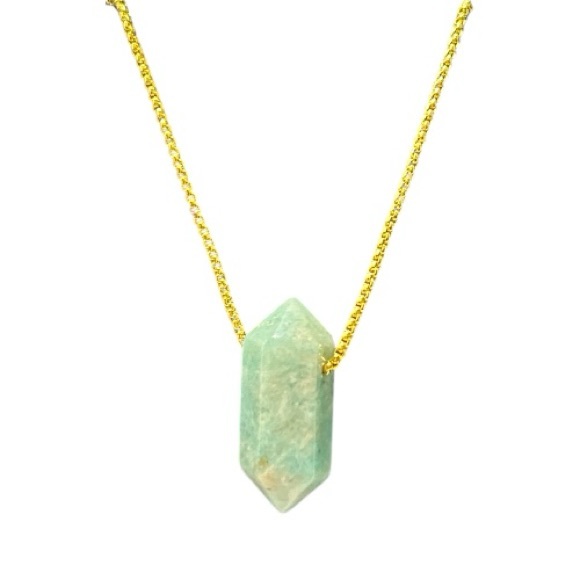 Tianhe (Amazonite) Crystal Point Necklace on Gold Toned Chain - Picture 2 of 2